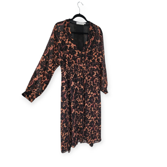 ASTR The Label Floral Smocked V-Neck Long Sleeve Dress Black/Coral Women Sz L - Picture 4 of 16